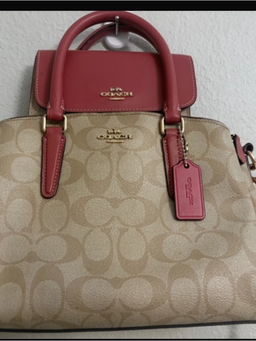 Coach Beige Signature Canvas Satchel with Coral Pink Trim